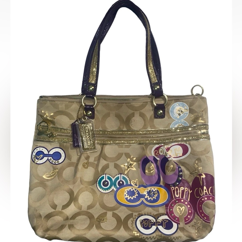 Coach Poppy Tan and Purple Shoulder Bag with Floral Embellishments without tags